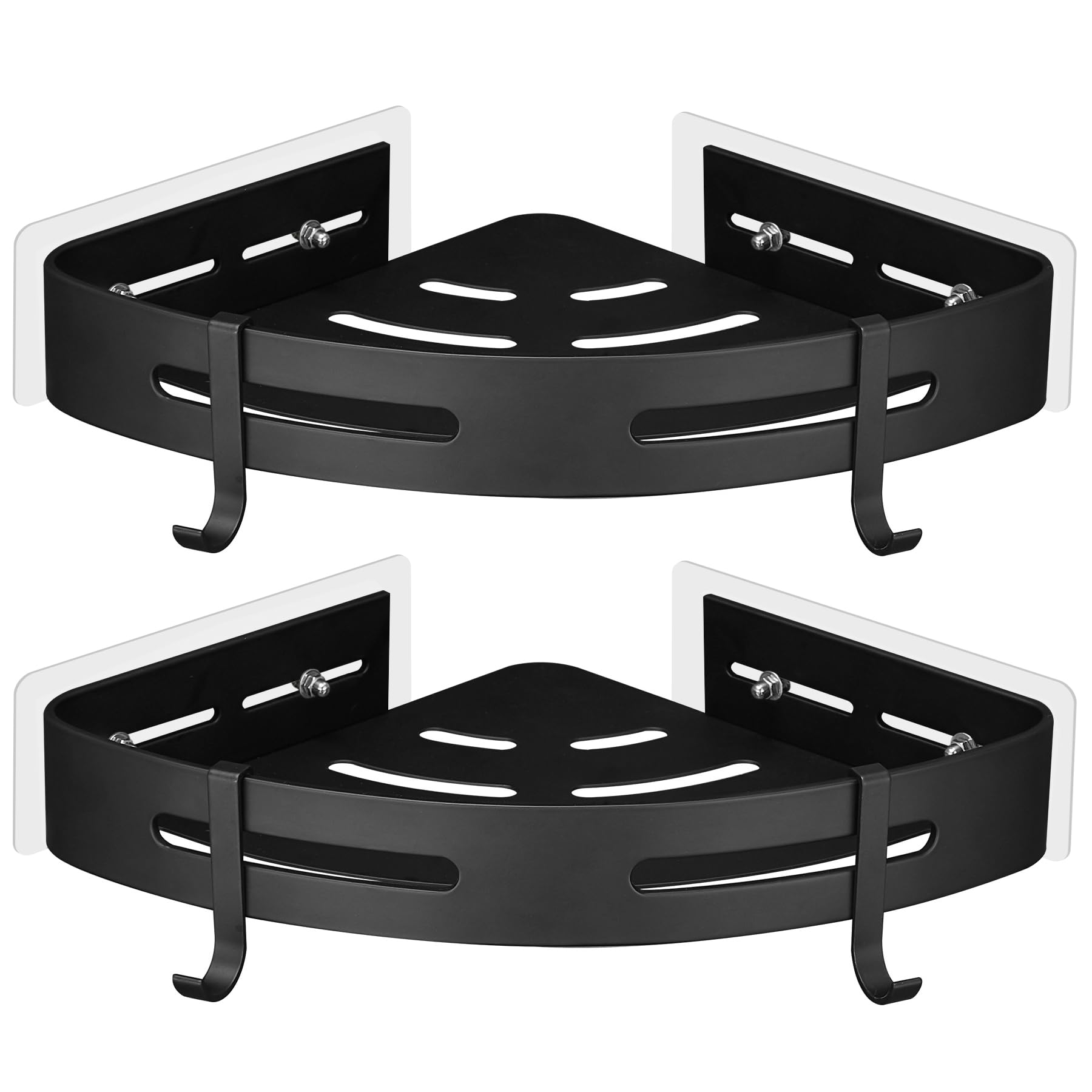 GRICOL Shower Corner Shelf No Drilling Shower Caddy with Stickers Shower Organiser Adhesive Shower Basket Metal Rustproof Bathroom Shelves with 4 Hooks 2 Tiers Black