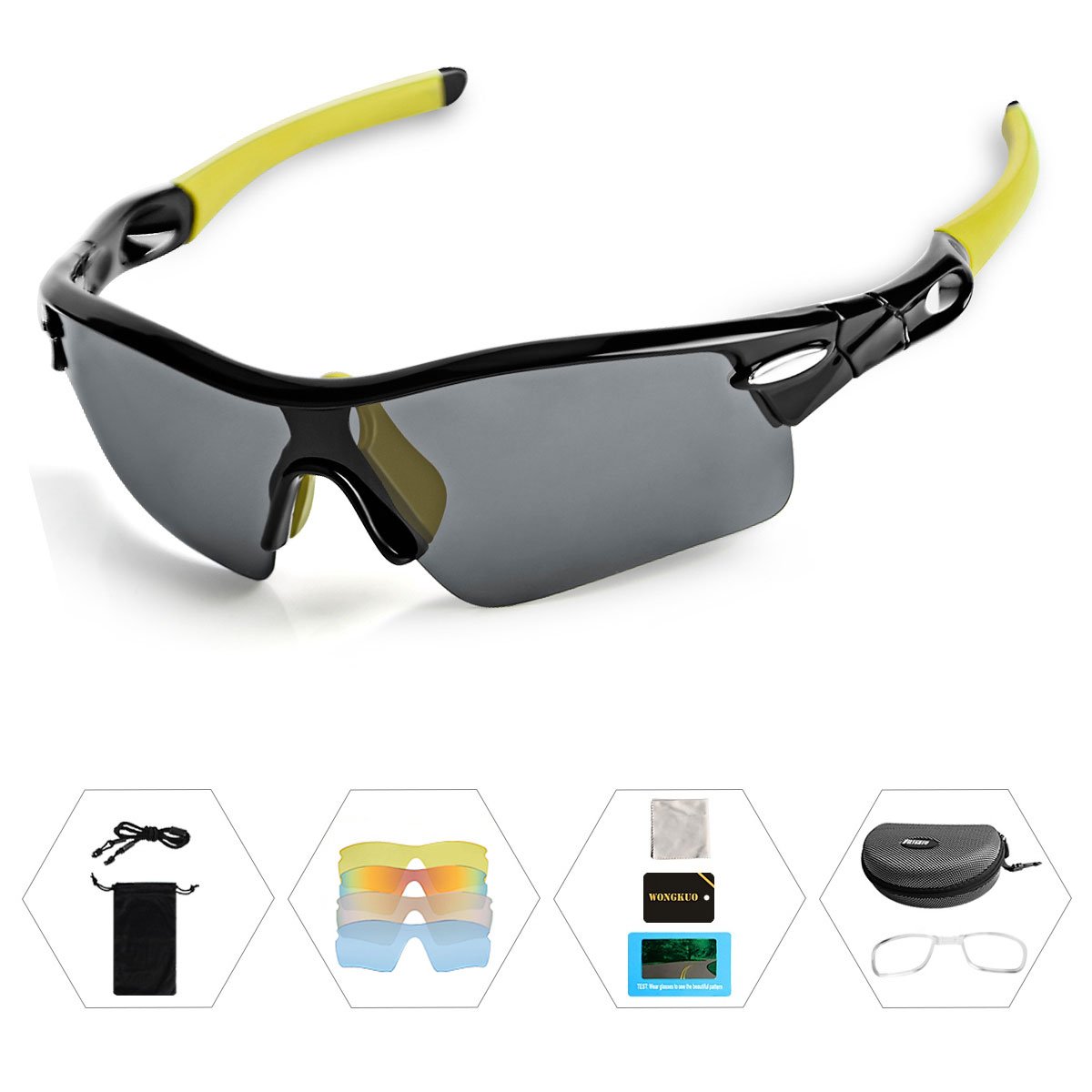 WONGKUO Polarized Outdoor Sports Glasses Men Women Cycling Sunglasses With 5 Interchangeable Lenses 100%UV Protection Fits for Fishing Running Golf Baseball Cycling Driving And All Outdoor Activities