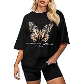 Flafens Oversized Tshirts for Women - Graphic T Shirt Loose Tees Crewneck Sleeve Top Cute Fashion Summer Pattern Print Tops