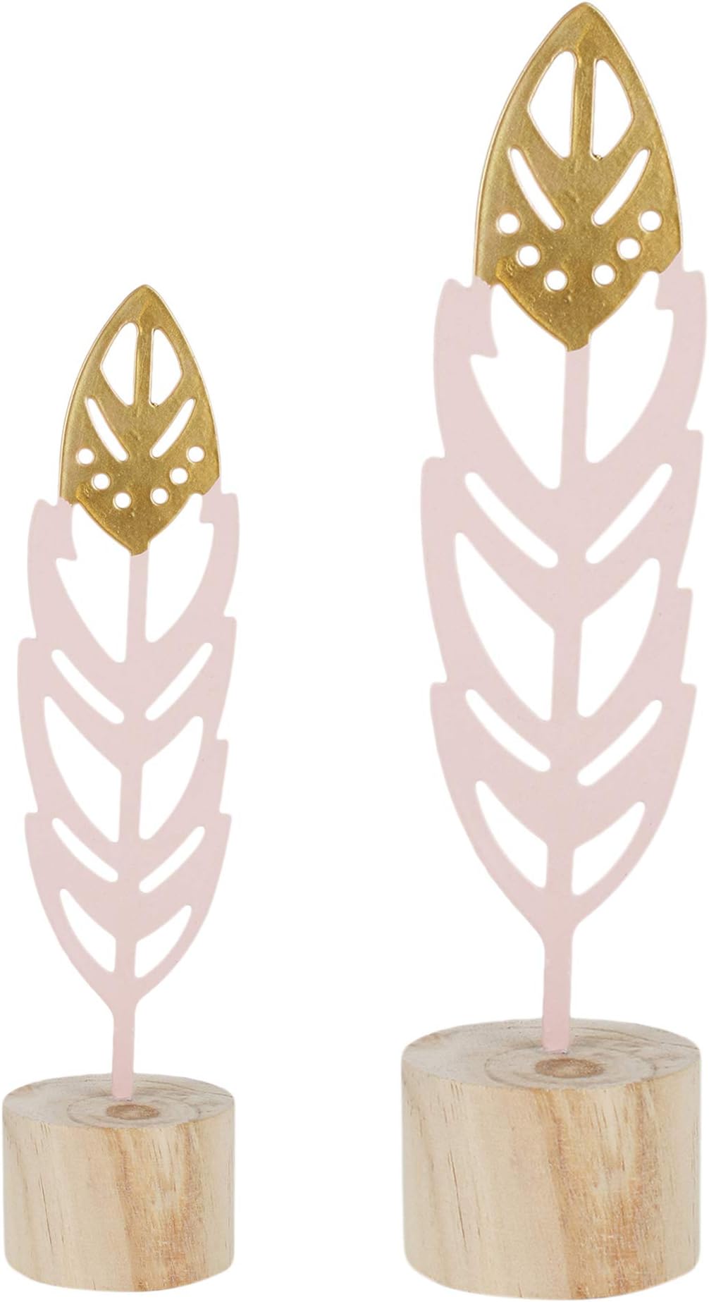 ODDCROFT Metal with Wood Base Pastel Feather Show Pieces (Standard, Pink and Golden) - Set of 2