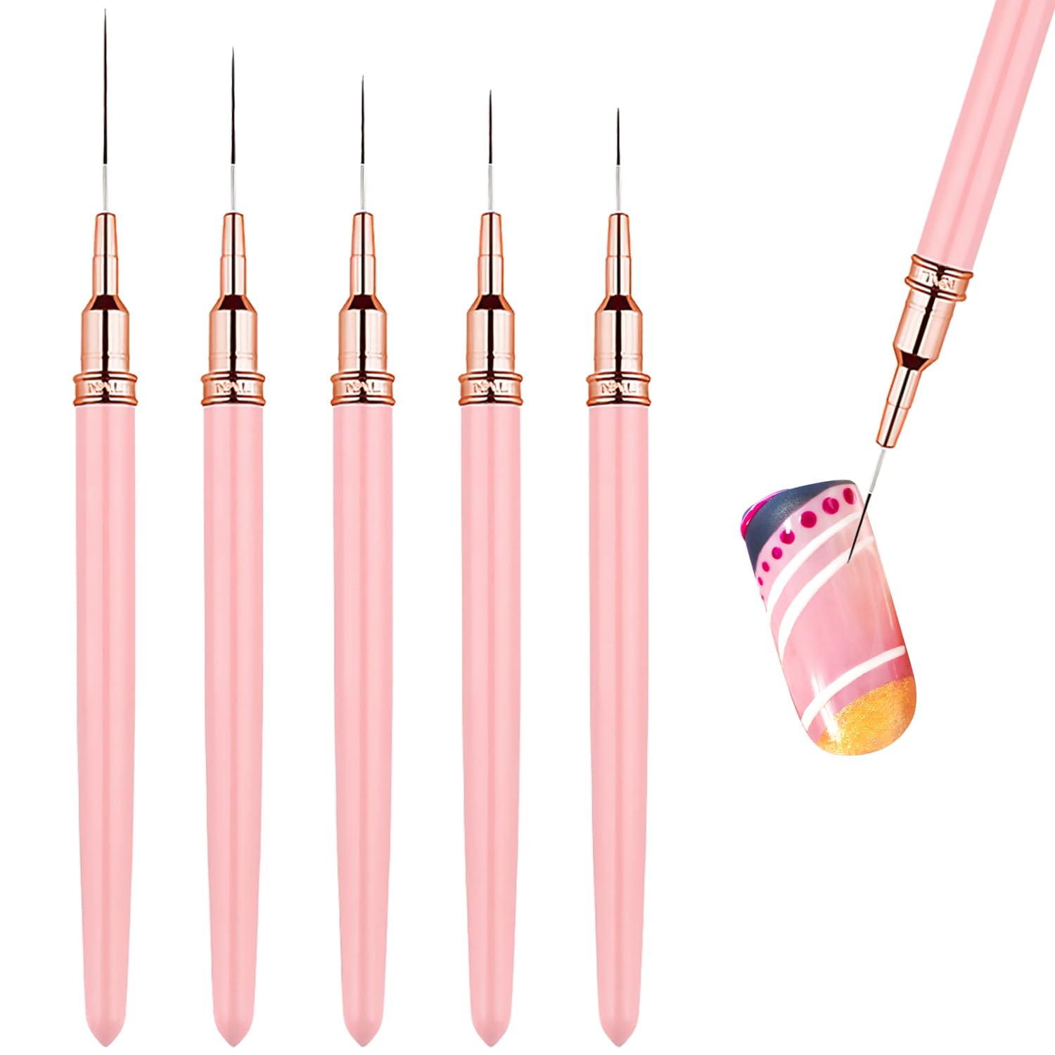 5 Pcs Thin Nail Liner Brushes, Thin Nail art Brushes, for Long Lines, Details, Fine Drawing Nail Dotting Drawing Tool Set 7mm/9mm/11mm/15mm/25mm(Pink)