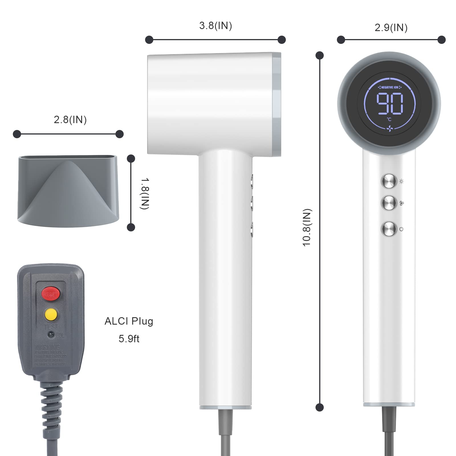FANWINYU Hair Dryer, Corded Electric, White, 122 - 194, 1280W, 110,000 RPM, 90mm Air Channel, LED Display, 360 Rotating Magnetic Nozzle, 200 Million Negative Ions