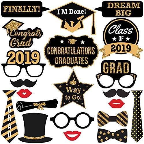Intoy 21 PCS Graduation Photo Booth Props 2019 Gold Glitter and Black Grad Party Supplies for College and High School (Large)