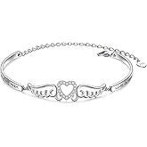 FLYOW S925 Sterling Silver A Piece of My Heart is in Heaven Bracelet Angel Wings Jewelry in Memory of Mom Dad Grandma Grandpa Daughter Son Loss Memorial Gift
