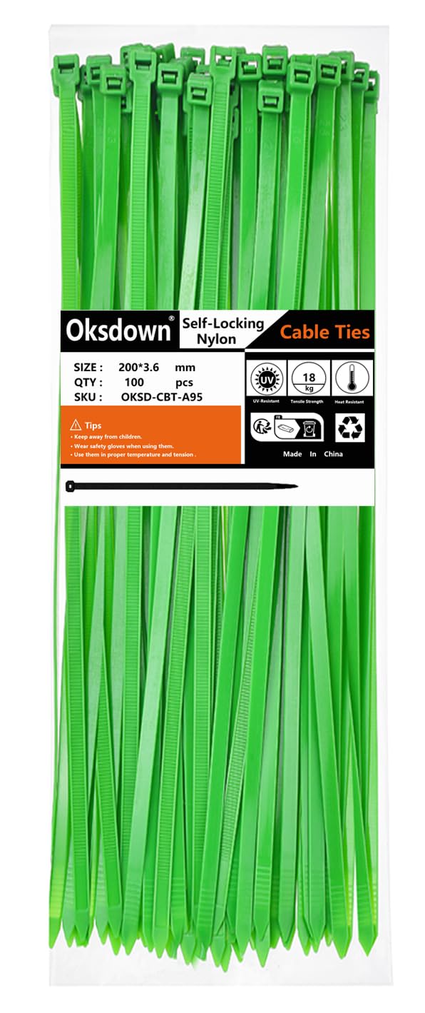 Oksdown 100 Pack Green Plastic Cable Ties 200mm×3.6mm Heavy Duty Nylon Garden Zip Tie Multi Purpose Premium 8 inch/20 cm Tie Wraps — image 1