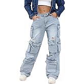 ThusFar Women's High Waist Baggy Jeans Flap Pocket Cargo Pants Loose Denim Pants Streetwear