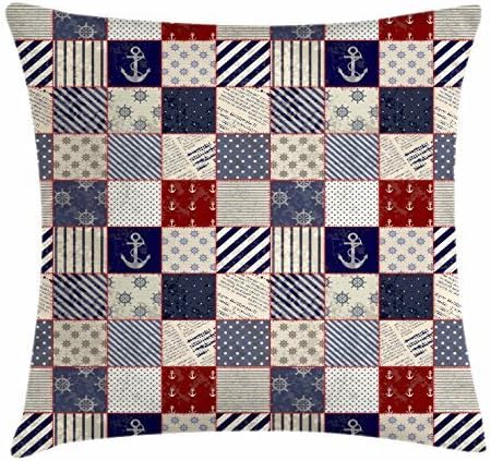 Penny McCarthy Patchwork Throw Pillow Cushion Cover, Checkered Pattern with Old Nautical Design Elements and Grunge Effect, Decorative Square Accent Pillow Case Navy Blue Ruby Beige