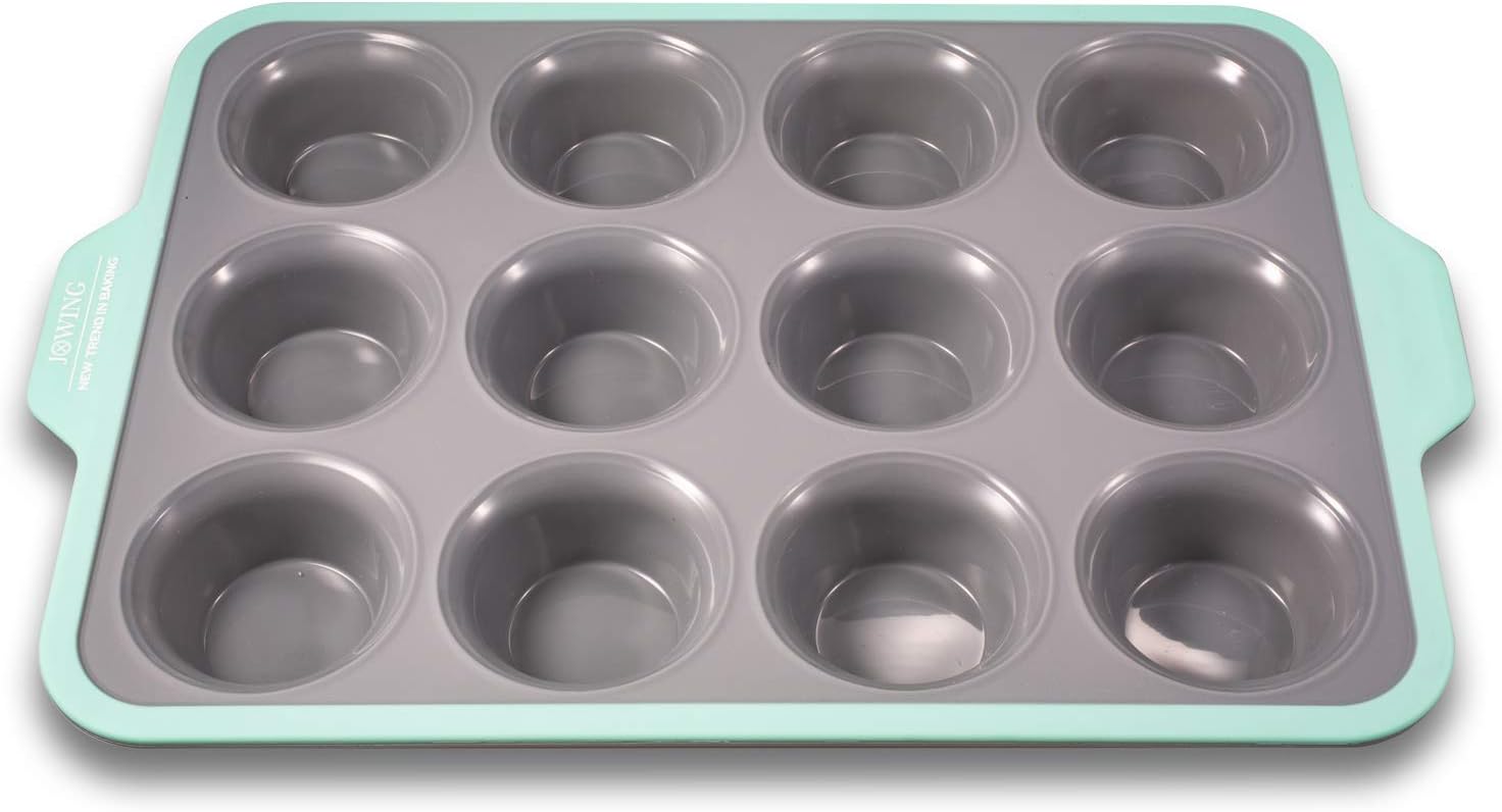 Premium Non-stick Silicone Cupcake Baking Pan with Ergonomic Grips, 12-cup Stainless Steel Core Muffin Pan
