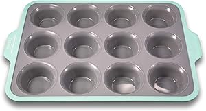 Premium Non-stick Silicone Cupcake Baking Pan with Ergonomic Grips, 12-cup Stainless Steel Core Muffin Pan