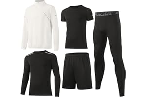 BUYJYA 5Pcs Men's T Shirts Workout Long Sleeve Athletic Zip Pocket Shorts Jackets Compression Pants Gym Clothes
