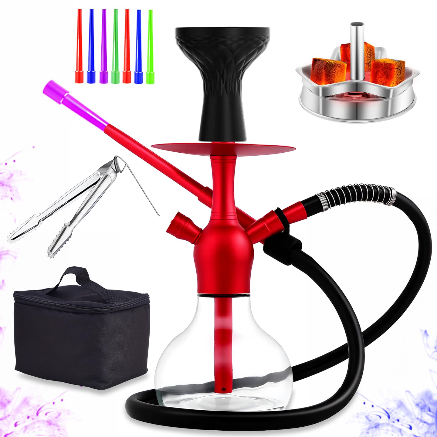 Photo 1 of 14" Premium Hookah Set - Portable Shisha Kit with Protective Carrying Case, Featuring Silicone Hose, Stainless Steel Bowl & Integrated Charcoal Tray (Red)