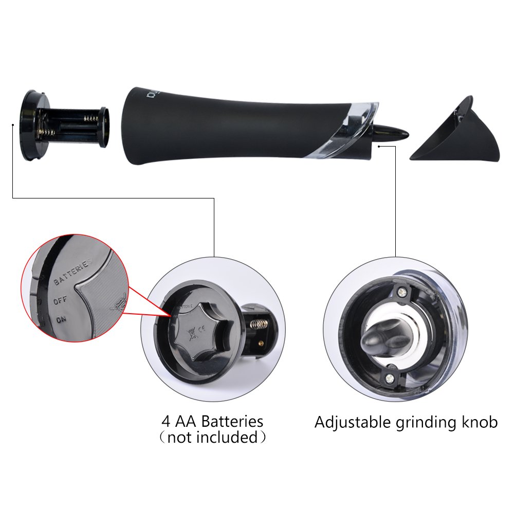 Vina Electric Gravity Salt Pepper Grinder Set, Adjustable Grinding Coarseness Automatic Shaker Mills with Ceramic Core, Free Garlic Roller Included, Pack of 2, Black