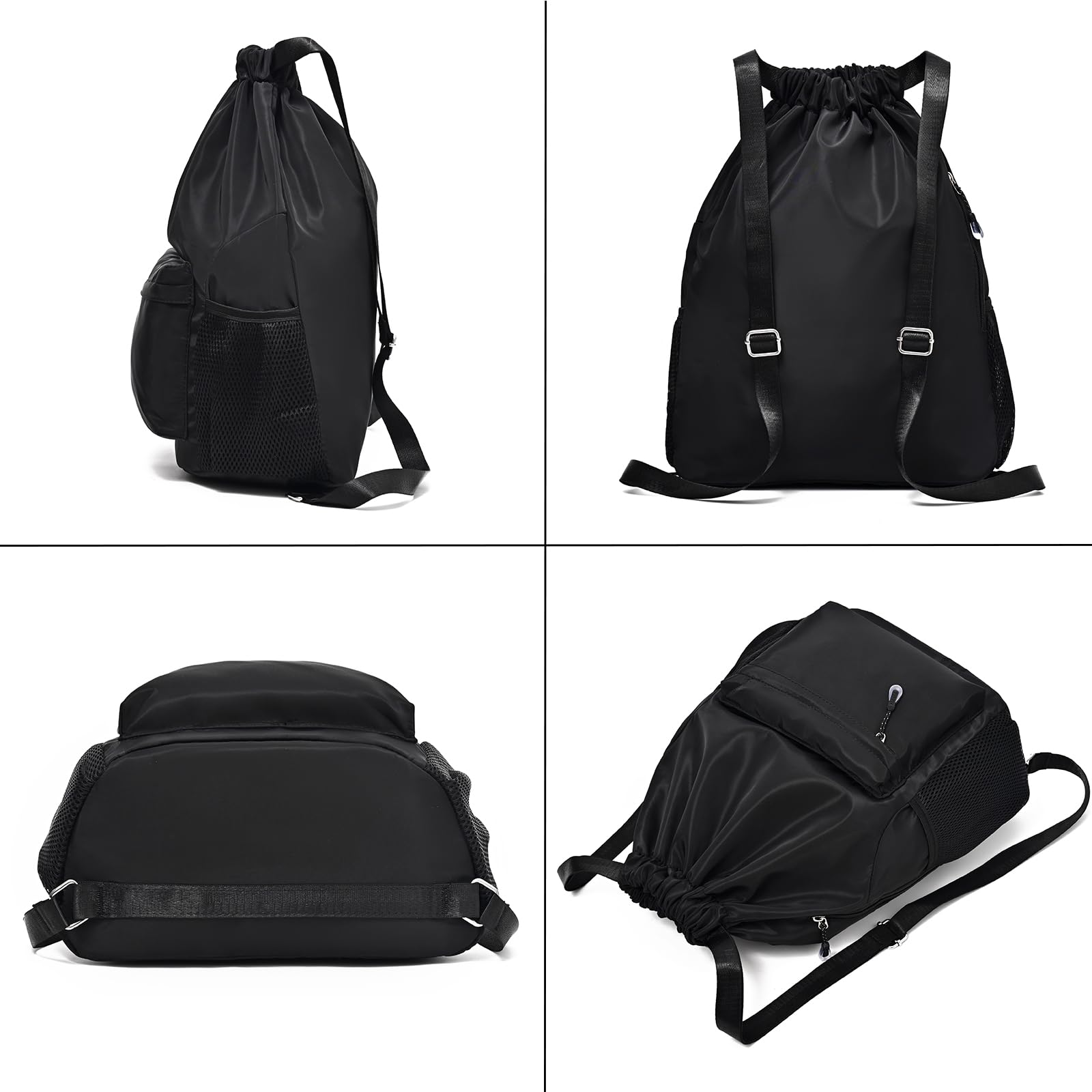 Black Drawstring Backpack for Women, Waterproof Drawstring Gym Bag for Men, Small Cinch Sack for Basketball, Pull String Sport Bag for Soccer.