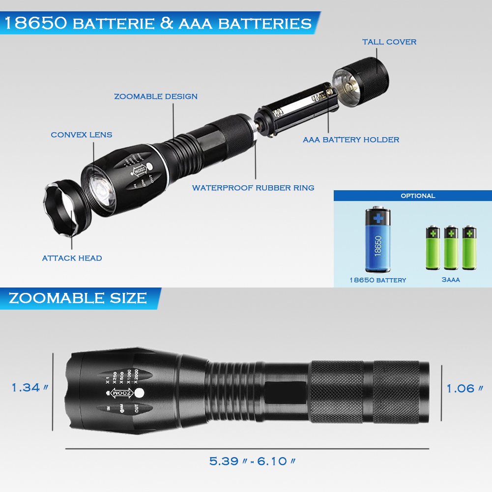 Power King Zoomable Adjustable Focus 5 Modes Flashlight LED Tactical Flashlight Rechargeable Waterproof Adjustable Military Tac Light