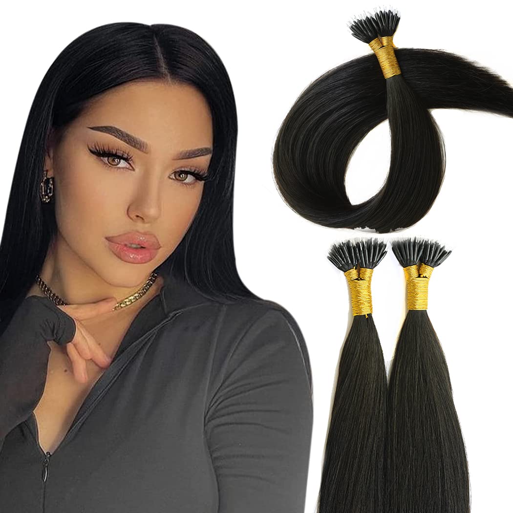 KOCONI 14 Inch Black Nano Rings Hair Extensions Real Human Hair Extensions #1 Double Drawn Nano Ring Hair Extension Nano Tip Beads Human Hair Extensions 50g 1g/Strand — image 1