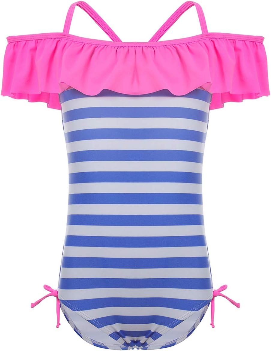 Girls Swimwear Cute one Piece Cute Ruffle Shoulder Design Swimsuit Stripes Beachwear Swimming Costume-Age 6-14