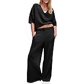 Fisoew Womens 2 Piece Outfits Casual V Neck Shirts Wide Leg Running Long Pants Loose Workout Tracksuit Sets