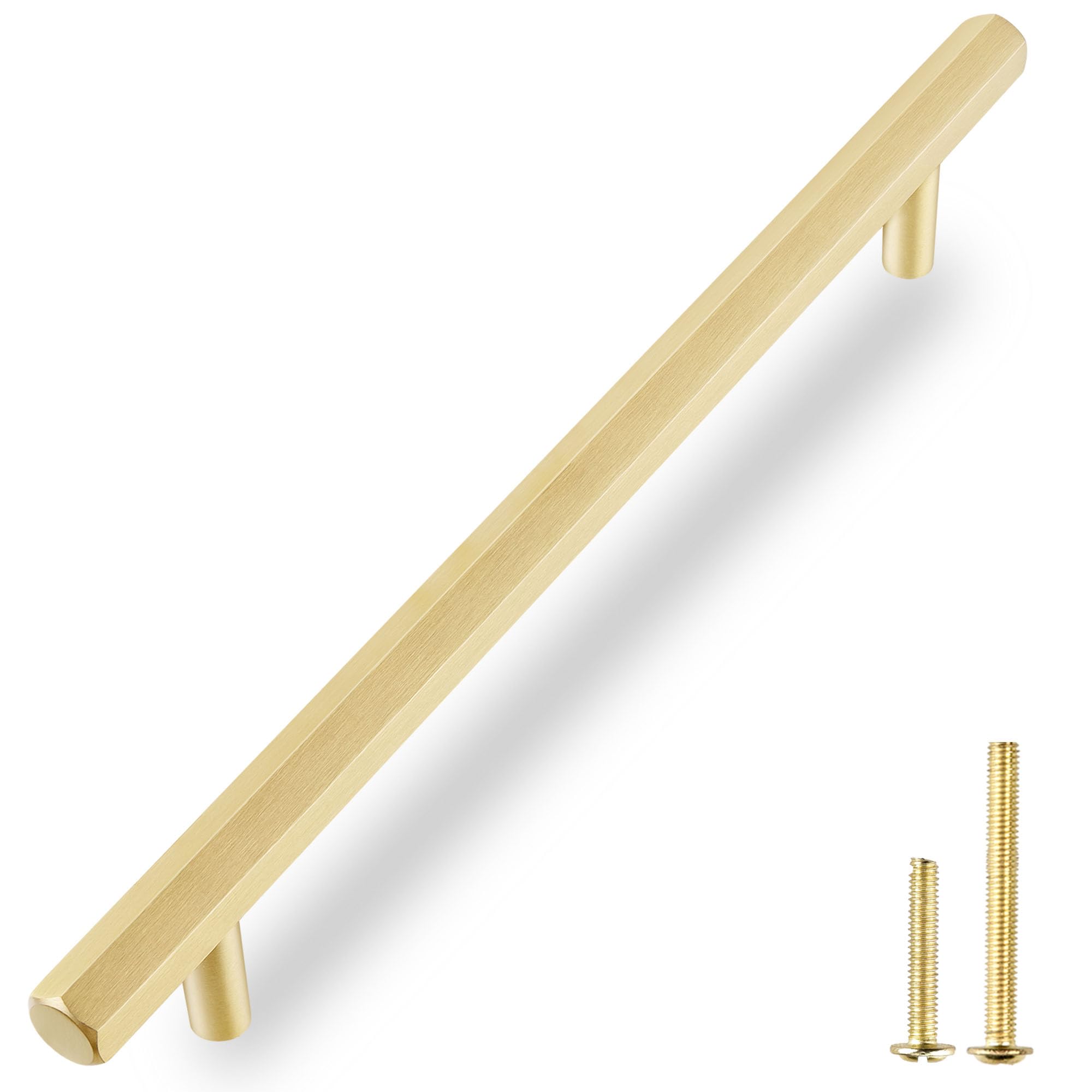 Photo 1 of QOGRISUN 2-Pack Solid Brass Cabinet Pulls Hexagon Drawer Handles,10-Inch Hole Center, Suitable for Kitchen Bathroom Dresser Cupboard Hardware, 12.6-Inch Total Length, Brushed Finish