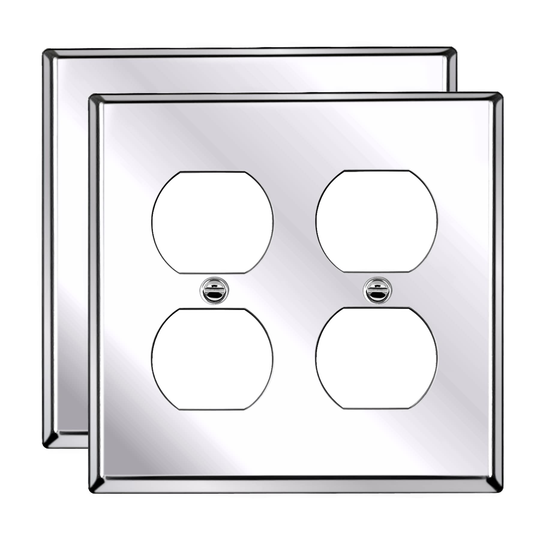 Photo 1 of [2 Pack] BESTTEN 2 Gang Mirror Polished Stainless Steel Duplex Wall Plate, Solid Metal Receptacle Outlet Cover, Chrome Appearance