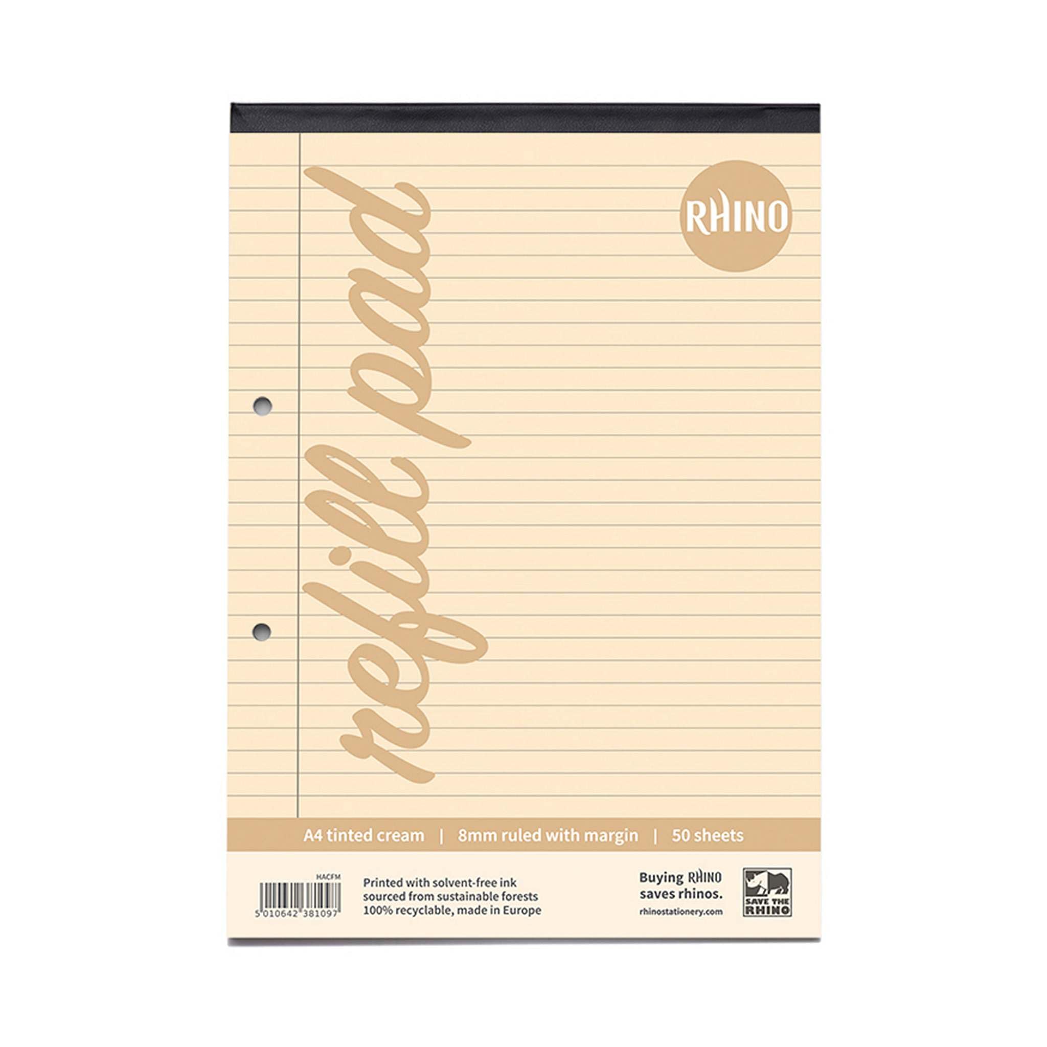 RHINO A4 Refill Pad, Writing Pad, 100-Page / 8mm Lined with Margin, 1-Pack, Cream Lined Writing Paper for Dyslexia & SEN, Office & School Stationery Supplies