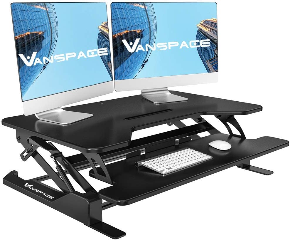 Height Adjustable Standing Desk Converter-36 Wide Platform Black Stand Up Desk Computer Riser Tabletop Workstation with Removable Keyboard Tray for Desktop Laptop Dual Monitor