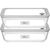 EcoEvo Glass Food Containers with Glass Lid, Microwave Safe Food Storage Container Set, 2 Pack of 48oz, Large Size Meal Prep Storage Set with Airtight Leak Proof Lid.