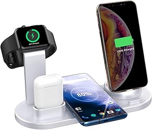 SHRMIA Wireless Charger Stand, 4 in 1 Multi-Function Wireless Charging Station Dock Kit for Apple Watch Airpods, Qi Fast Wireless Charger Holder Pad for iPhone 11 11 Pro Max XS XR 8 Samsung (Silver)