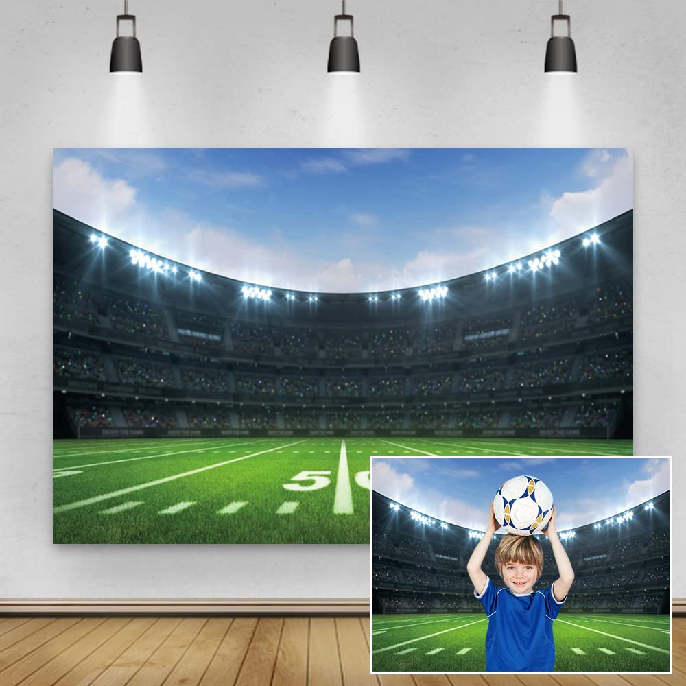 Renaiss 7x5ft Football Field Backdrop Soccer Stadium Spotlight Green Lawn Photography Background Sports Theme Party Decoration Baby Shower Newborn Children Portrait Studio Photo Props