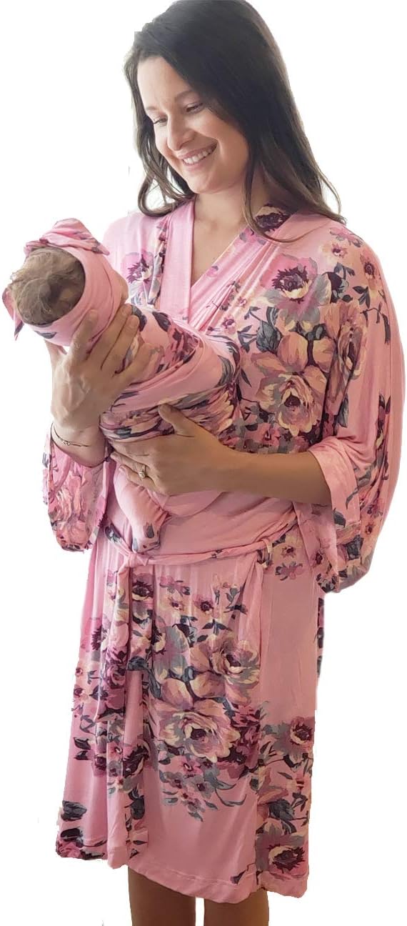 Maternity Labor Delivery Matching Robe and Swaddle Blanket and Hat or Headband Set, Hospital Bag Must Have (Pink Botanical, S/M)