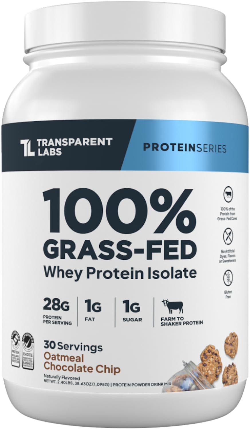 Transparent Labs Grass-Fed Whey Protein Isolate - Naturally Flavored, Gluten Free Grassfed Whey Protein Powder w/ 28g Protein per Serving & 9 Amino Acids - 30 Servings, Oatmeal Chocolate Chip Cookie