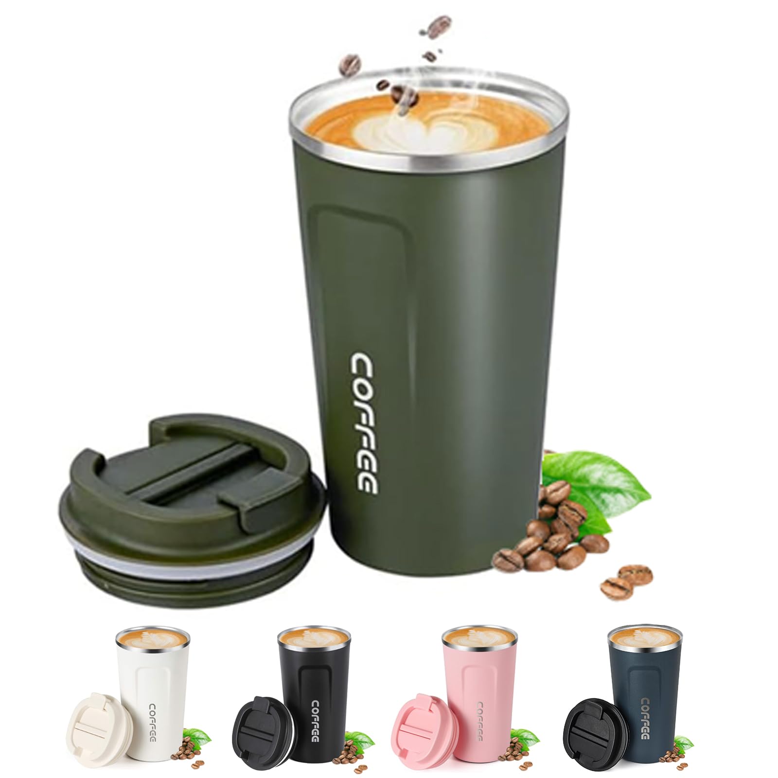 Senshuomy Travel Coffee Mug Spill Proof,Insulated Coffee Mug to Go,Coffee Tumbler,Reusable Coffee Cups with Seal Lid,Water Cup for Keep Hot/Ice Coffee,Tea and Beer (Green/510ml)