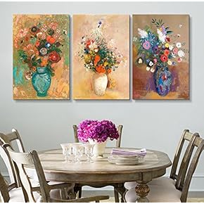 3 Panel World Famous Painting Reproduction on Canvas Wall Art - Flowers in Vases by Odilon Redon - Modern Home Art Ready to Hang - 16"x24" x 3 Panels
