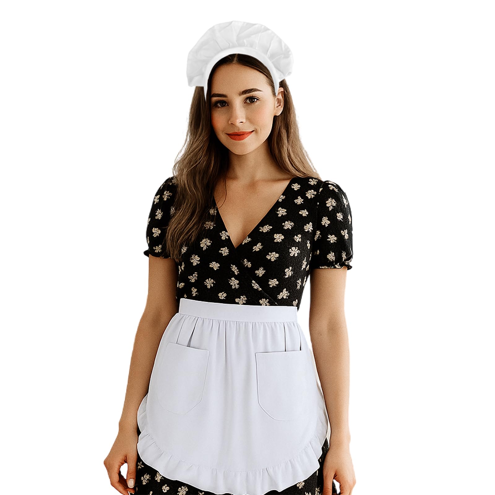 Aspire Waist Apron and Headband Set, Halloween Women's White Ruffles Half Apron Cotton Costume Maid Apron with Pockets - XL