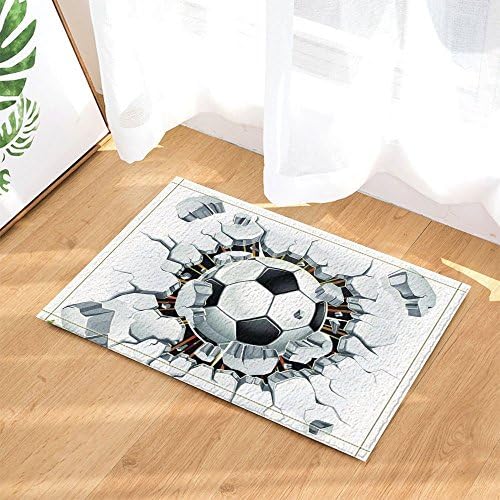 Soccer Decor A Football Broken Stone Wall Sprot Bath Rugs for Bathroom Non-Slip Floor Entryways Outdoor Indoor Front Door Mat Kids Bath Mat 15.7x23.6in Black White