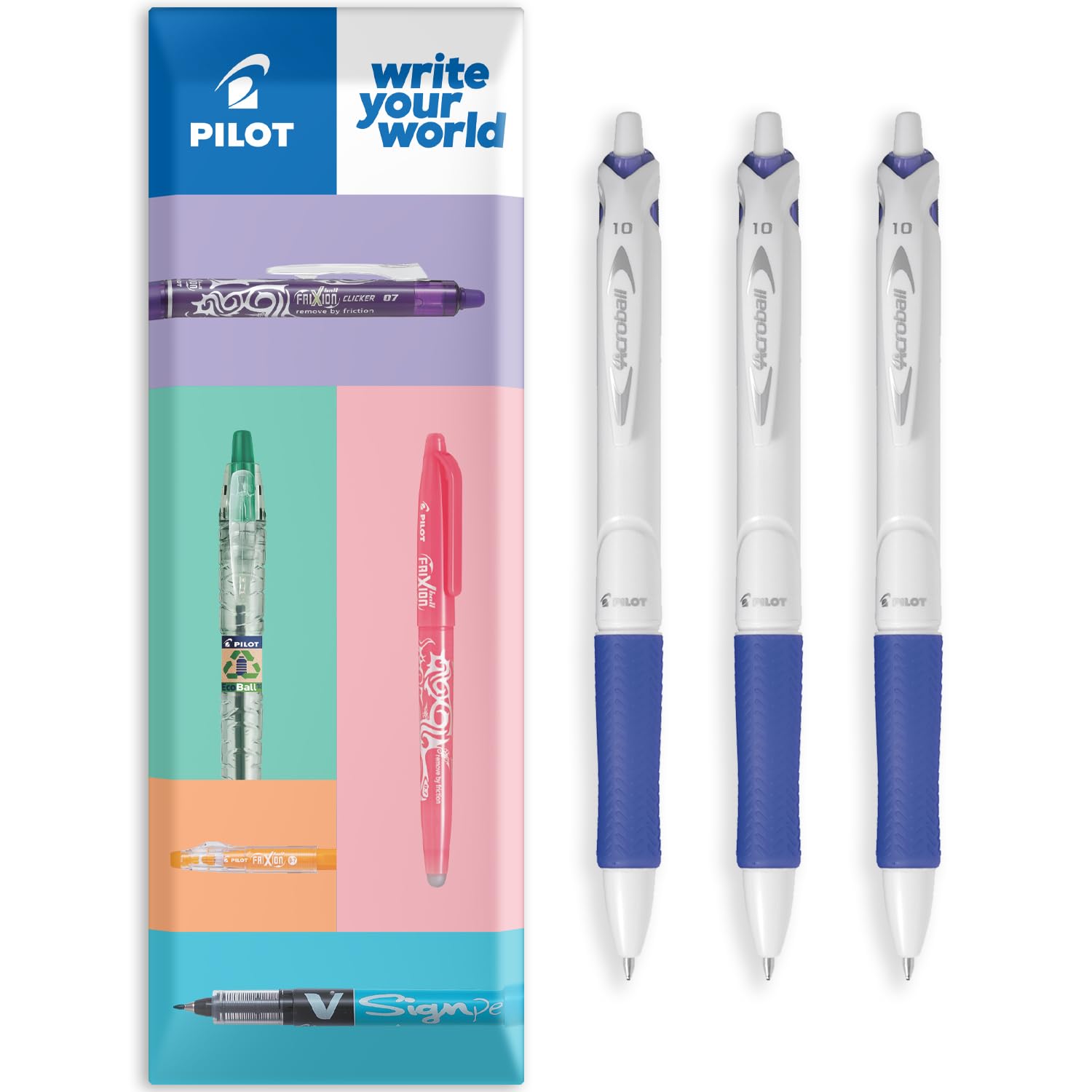 PILOT Acroball Pure White Retractable Ballpoint Pen - Begreen Range 79% Recycled - Pack of 3 Pens - Medium 1.0mm Nib - In Envelope Gift Packaging - Ideal for Writing, School, Home, Office. (Blue)