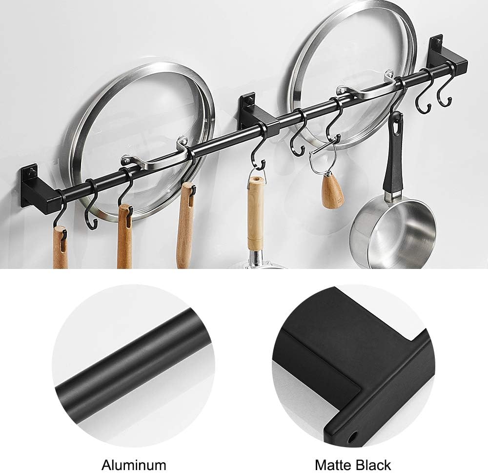BESy 31.5 Inch Black Hanging Pot Rack Wall Mounted Lid Holder Detachable Rail Kitchen Utensils Pan Hanger with 10 Detachable S Hooks, Wall Mount With Screws: Kitchen & Dining