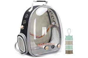 Bird Traval Carrier Cage, Clear Space Capsule Astronaut Backpack to Carry Parakeet Cockatiel Parrot with Metal Tray Wood Perc
