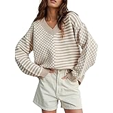 UNCLECAT Women's Striped Checkered Sweater 2025 V Neck Fall Sweaters Casual Knit Trendy Pullover Tops