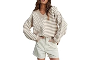UNCLECAT Women's Striped Checkered Sweater 2025 V Neck Fall Sweaters Casual Knit Trendy Pullover Tops