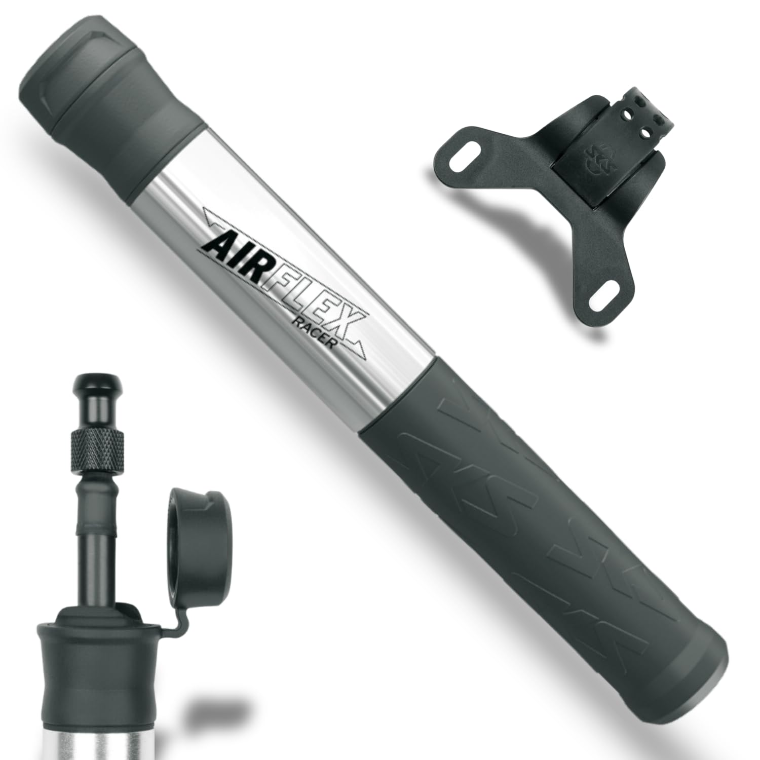 SKS GERMANY AIRFLEX RACER SILVER bicycle pump for road bike tyres, bicycle accessories (air pump with SV connection, easy-grip dust cap, soft component handle, max. pressure: 8 bar / 115 PSI), silver