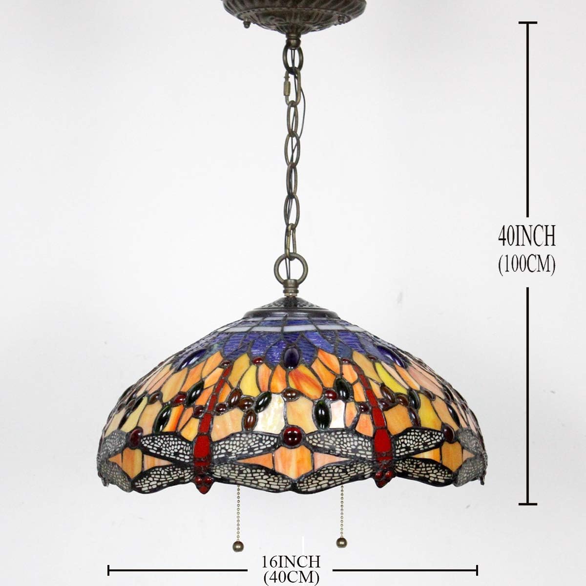 Tiffany Hanging Lamp 16 Inch(LED Bulb Included)Pendant Light Blue Orange Stained Glass Dragonfly Shade Chandelier Ceiling Fixture S168 WERFACTORY Decorate Dining Living Room Bedroom Cafe Hallway Loft - - 