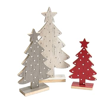 Pureday Weihnachtsdeko Tannenbäume Holz Grau Rot Weiß 3er Set