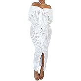 Prekeewil Womens Sexy Off Shoulder Maxi Dress Pleated See Through Flare Sleeve Button Down Slit Bodycon Long Dresses