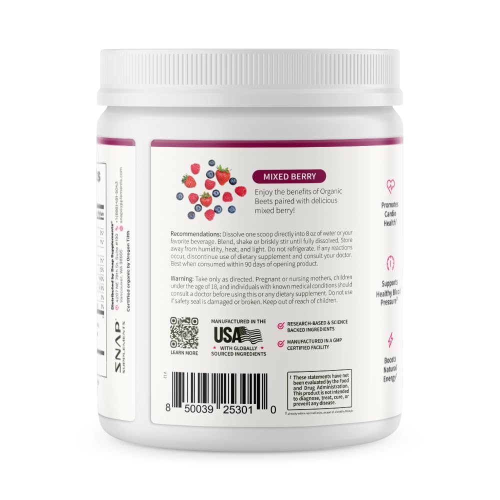 Snap Supplements Organic Beet Root Nitric Oxide Powder - Supports Energy and Healthy Circulation, 8.8 oz (30 Servings, 1 Month Supply), Mixed Berry