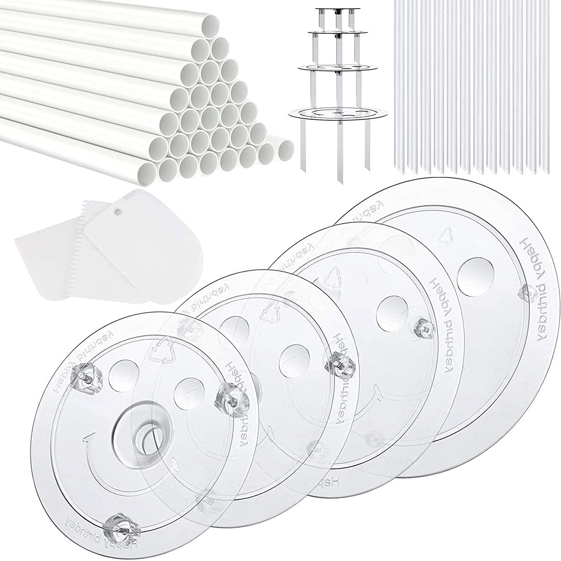 Photo 1 of 20 Plastic Cake Sticks Support Rods and 12 Clear Cake Stacking Dowels with 4 Cake Separator Board for 4, 6, 8, 10 Inch Cakes and 3 Pieces Cake Scrapers-Plastic Cake Dowel Rods Set