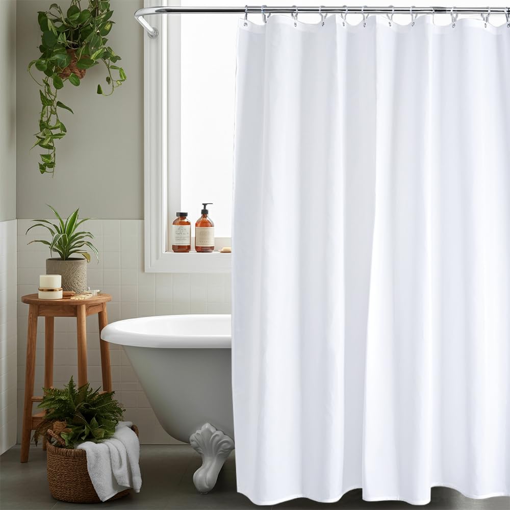 AQUALONA® Premium Shower Curtain, 12 FREE HOOKS INCLUDED - Polyester, Water-repellent Coating, Rustproof Chrome Eyelets - Mildew Resistant and Weighted Hem, 180 x 180 cm (Plain White)