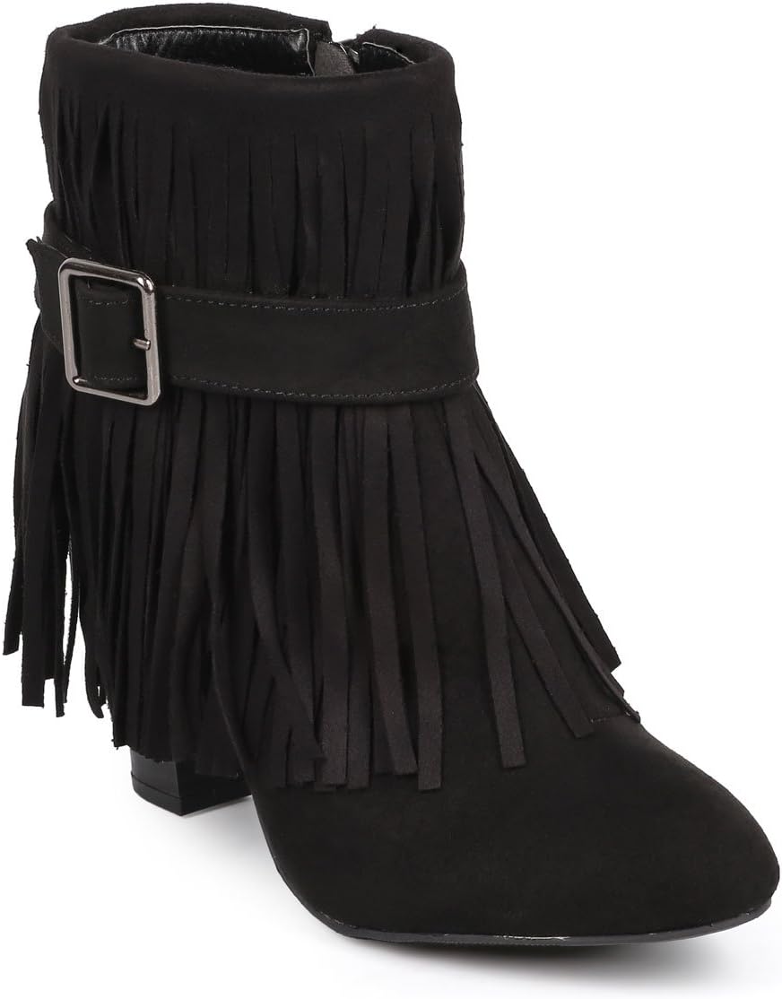 Qupid Women Suede Almond Toe Belted Fringe Ankle Bootie DB41