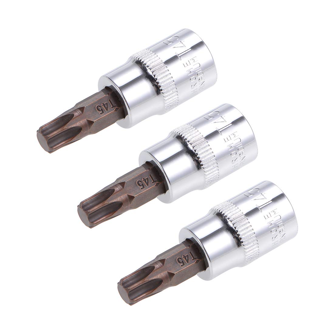 sourcing map 3pcs 3/8" Drive x T45 Torx Bit Socket, S2 Steel Bits CR-V Sockets 38mm Length Use with Ratchet Wrench, Slide Bar, Extension Rod