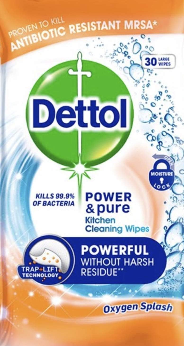 Dettol Power & Pure Multipurpose Kitchen Cleaning Wipes, Oxygen Splash - Pack of 30 Large Wipes, 30 count (Pack of 1)