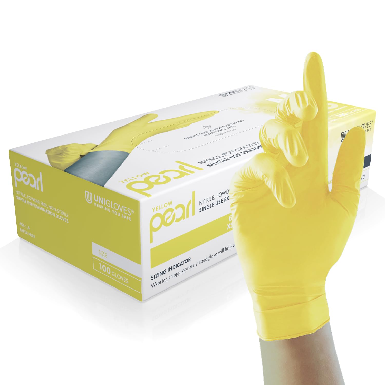 Unigloves Yellow Pearl Nitrile Examination Gloves - Multipurpose, Powder Free and Latex Free Disposable Gloves - Box of 100 Gloves, Yellow, Small (GP0112)